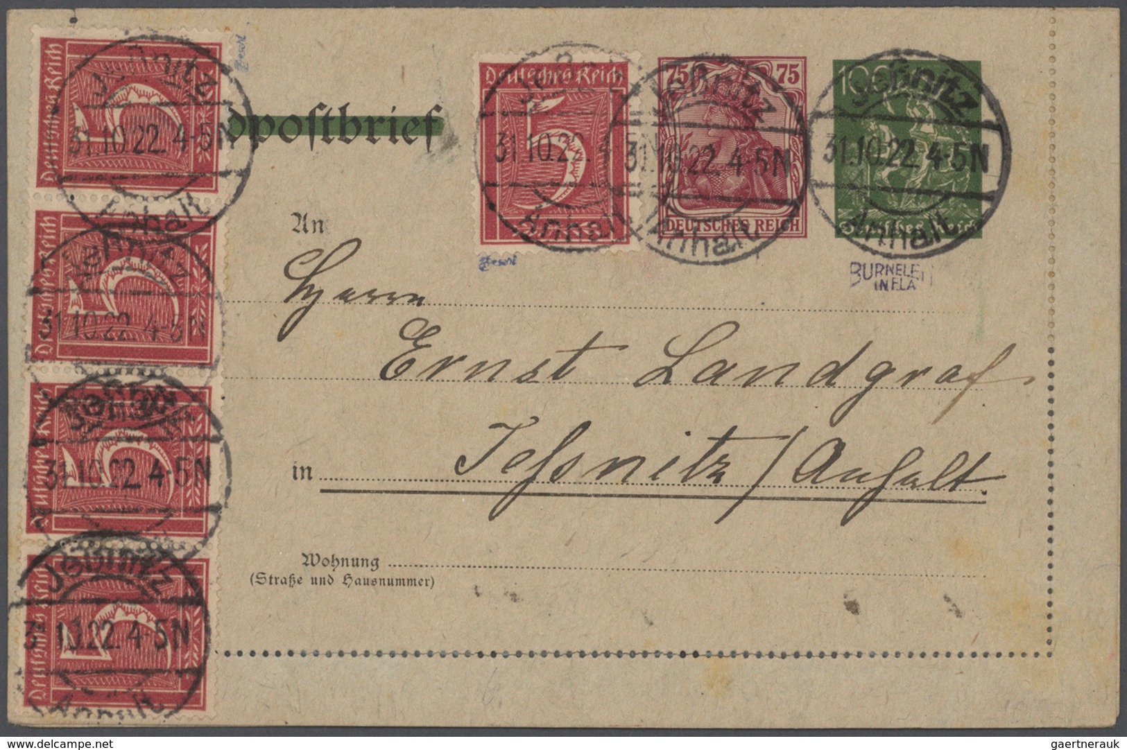 Deutsches Reich - Inflation: 1921, 5 Pfg. Ziffer Mit Wasserzeichen 2 Im Waagerechten Viererstreifen - Lettres & Documents