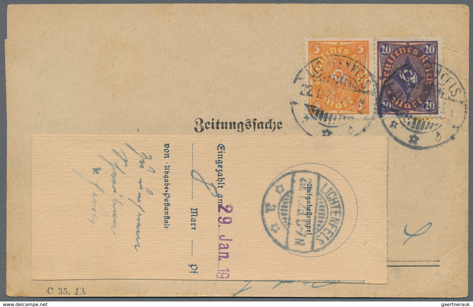 Deutsches Reich - Inflation: 1923, 5 Und 20 Mk. Auf Zeitungssache 22.1.23 Mit Rs. Selt. Aufkleber "F - Lettres & Documents