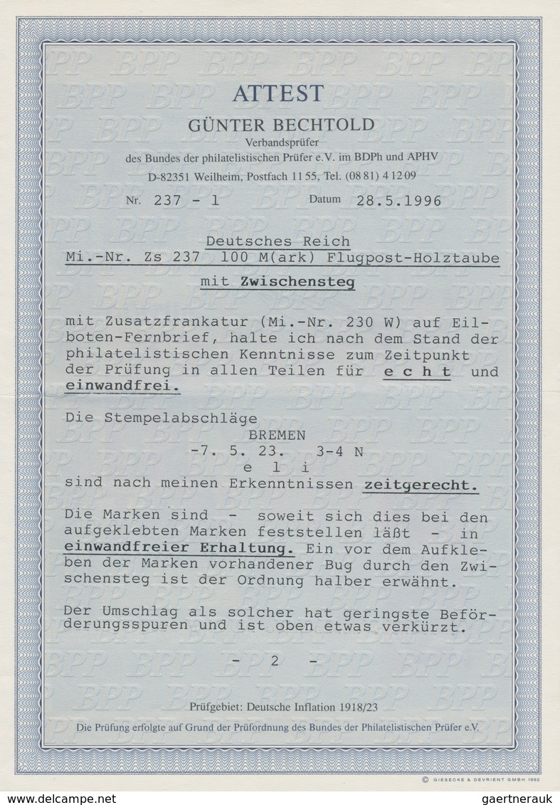 Deutsches Reich - Inflation: 1923, 100 M Oliv/orangerot Im Senkr. Zwischensteg-Paar Mit ZuF MiNr 230 - Lettres & Documents