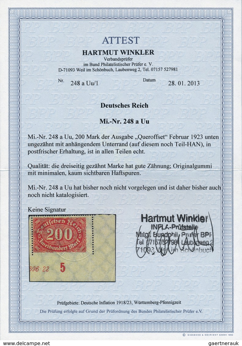 Deutsches Reich - Inflation: 1922, 200 Mk Queroffset Unten Ungezähnt, Ungebrauchte Rechte Untere Bog - Lettres & Documents