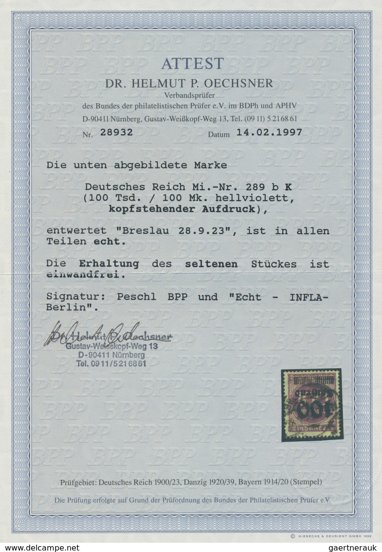 Deutsches Reich - Inflation: 1923, 100 Tausend Auf 100 M. Grauviolett Mit KOPFSTEHENDEM Aufdruck, En - Lettres & Documents