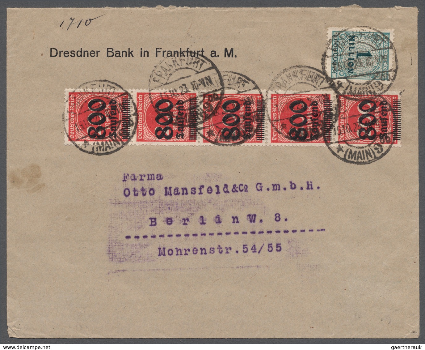 Deutsches Reich - Inflation: 1923, Senkrechter 5er Streifen 800 Tsd. Auf 200 M Lilarot Mit Beifranka - Lettres & Documents