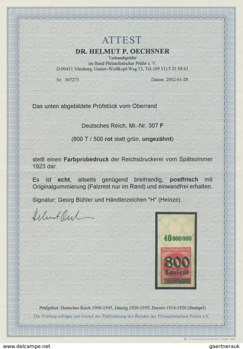 Deutsches Reich - Inflation: 1923, 800 T. Auf 500 Mk. Als Farbprobedruck In Rot Statt Grün UNGEZÄHNT - Lettres & Documents