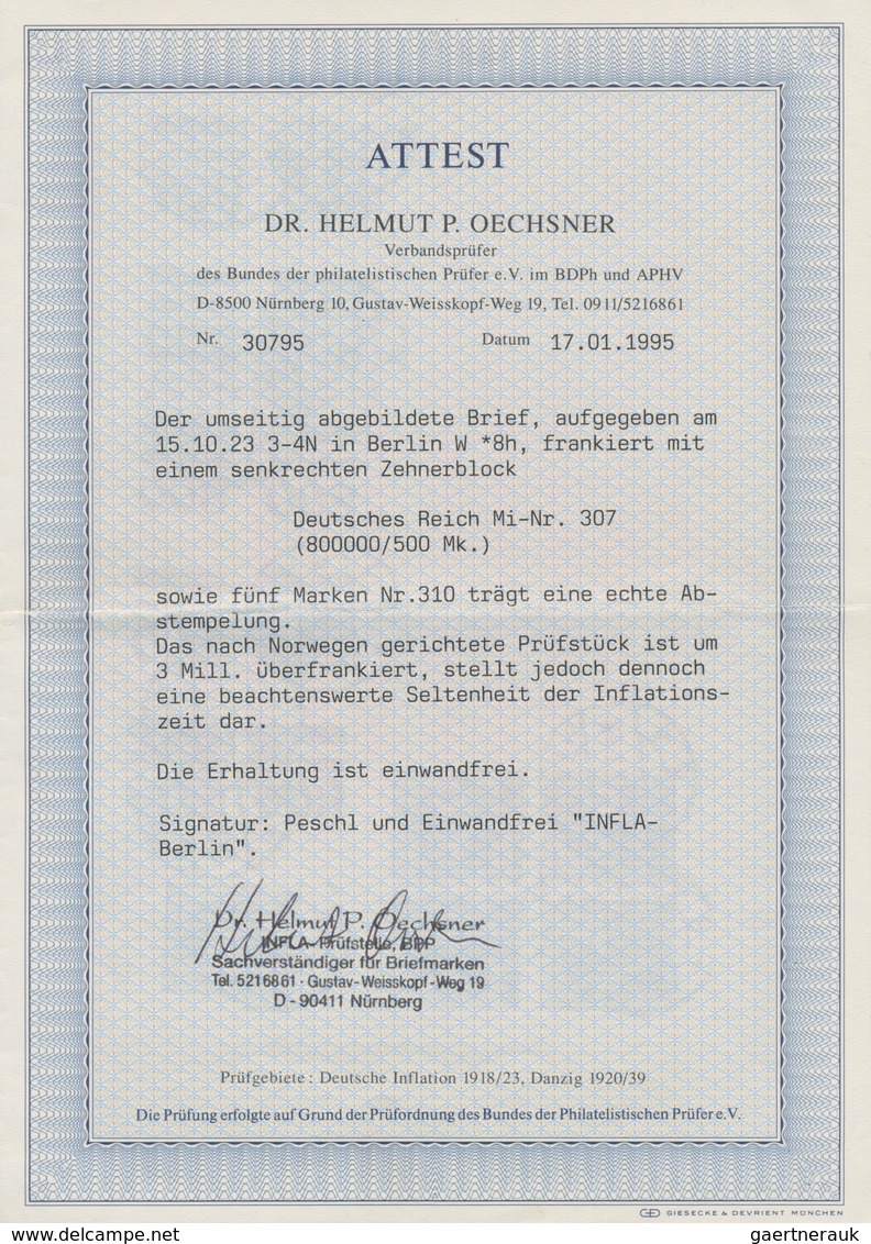 Deutsches Reich - Inflation: 1923, 800 Tausend Auf 500 M. Im Senkrechten 10er-Block Auf Auslandsbrie - Lettres & Documents