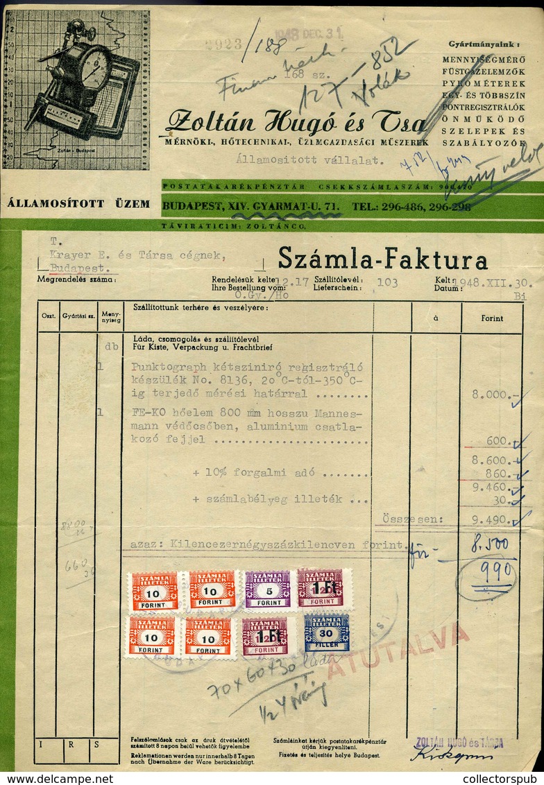 BUDAPEST 1948. Zoltán Hugó és Tsa , Céges Számla Számlailleték Bélyegekkel  /  1948 Corp. Bill Stamp Duty - Brieven En Documenten