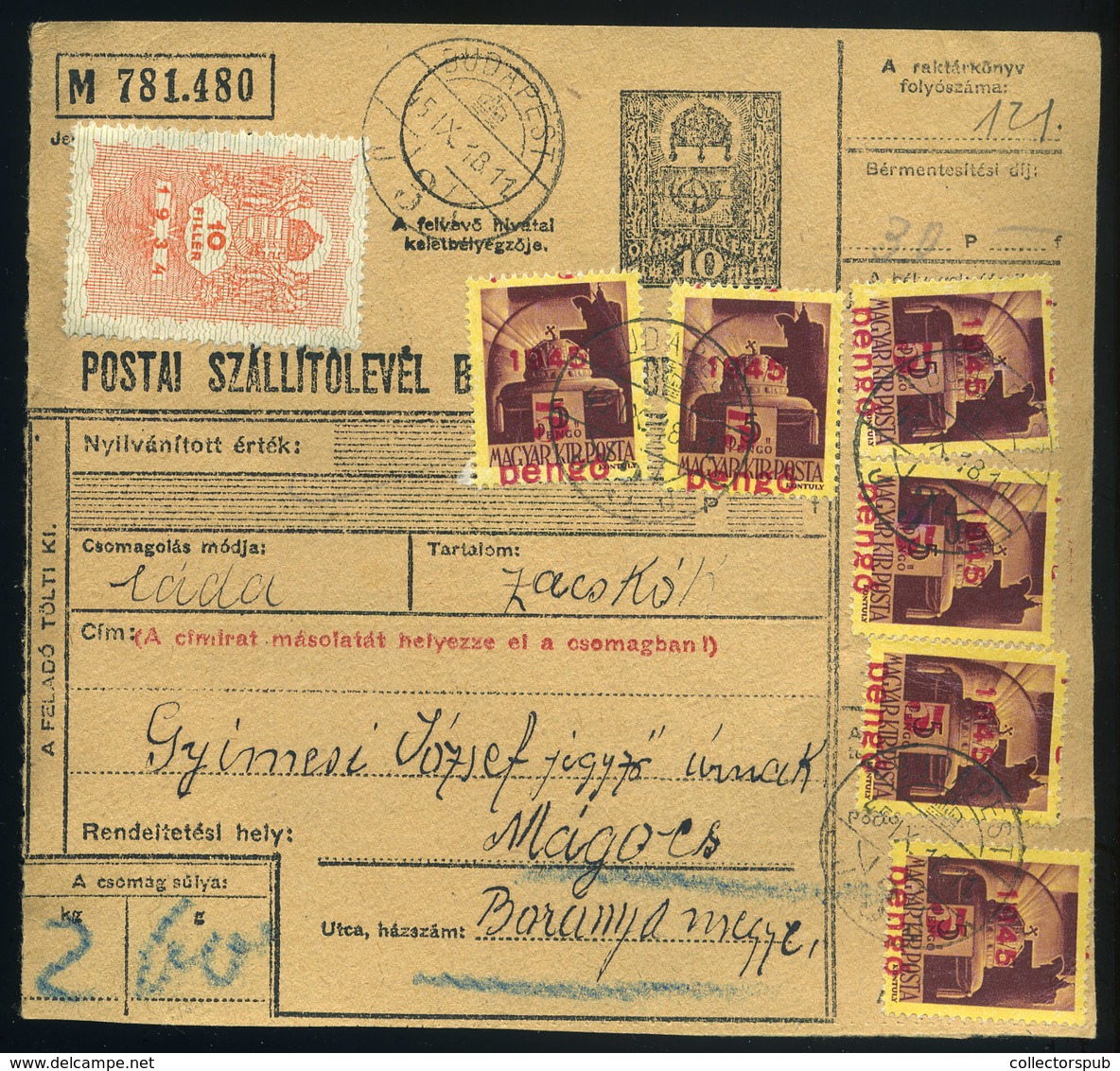 BUDAPEST 1945.09. Budapestről Küldött, Ritka Inflációs Csomagszállító Mágocsra Küldve  /  1945.09. Rare Infl. Parcel P.c - Brieven En Documenten