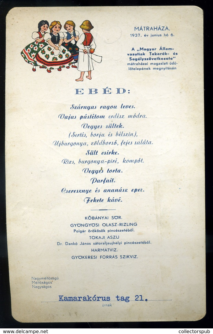 MENÜKÁRTYA , 1937. Mátraháza, Kamarakórus , Aláírásokkal  /  MENU CARD 1937 Mátraháza Camara Choir - Unclassified