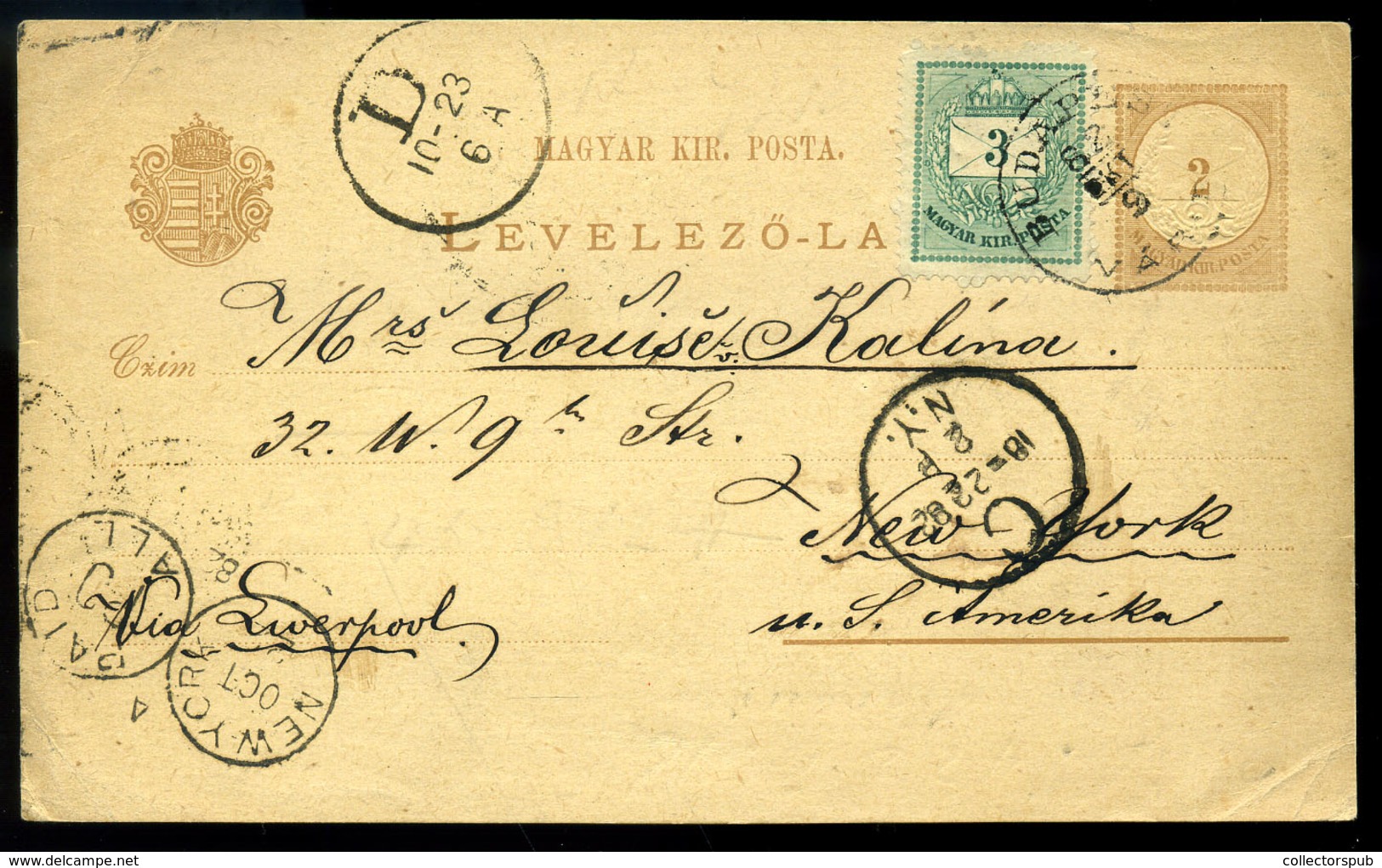 BUDAPEST 1882. 3 Kr (vízjel Nélk. 13fog.) Kiegészített Díjjegyes Lap New Yorkba  /  1882 3 Kr (no Watermark, 13 Perforat - Gebruikt