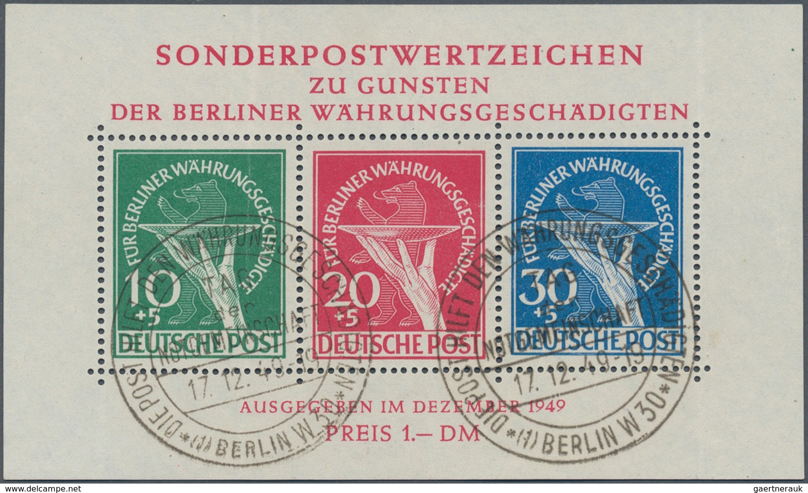 Berlin: 1949, Währungsgeschädigte Blockausgabe Mit PLATTENFEHLER "Opferschale Mit Zusätzlichem Stric - Briefe U. Dokumente