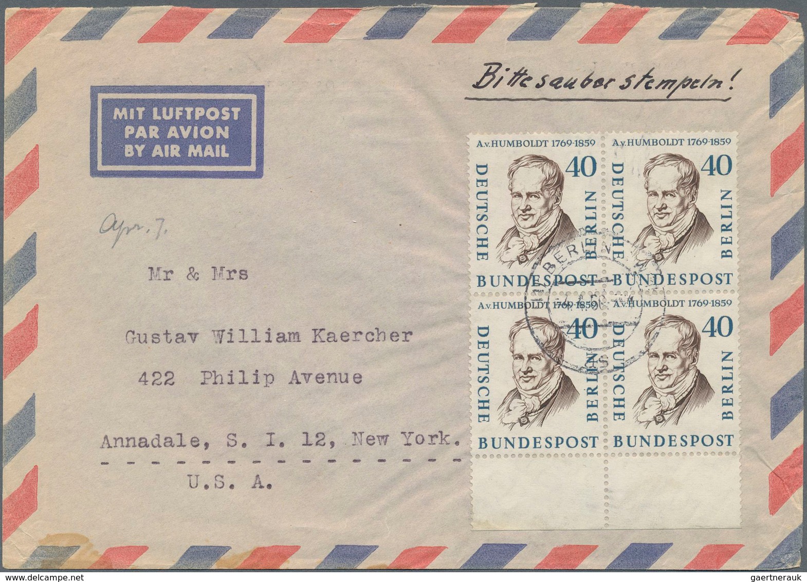 Berlin: 1960, Viererblock 40 Pfg. Humboldt Vom Unterrand Auf Luftpostbrief Ab BERLIN Nach USA: - Briefe U. Dokumente