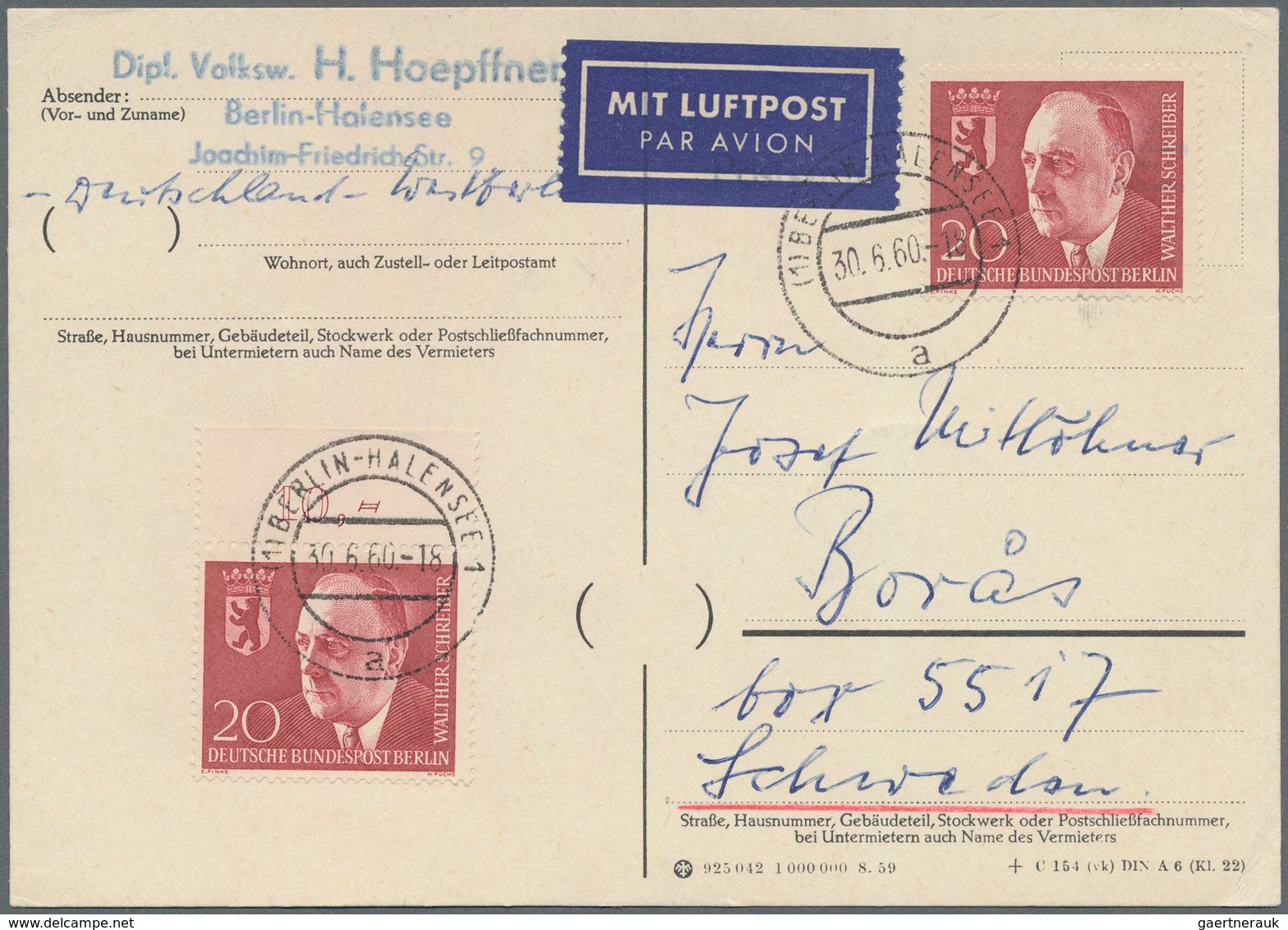 Berlin: 1960, 20 Pf Dr. Walther Schreiber Als MeF Auf Luftpostkarte Von Berlin Nach SCHWEDEN, Nicht - Briefe U. Dokumente