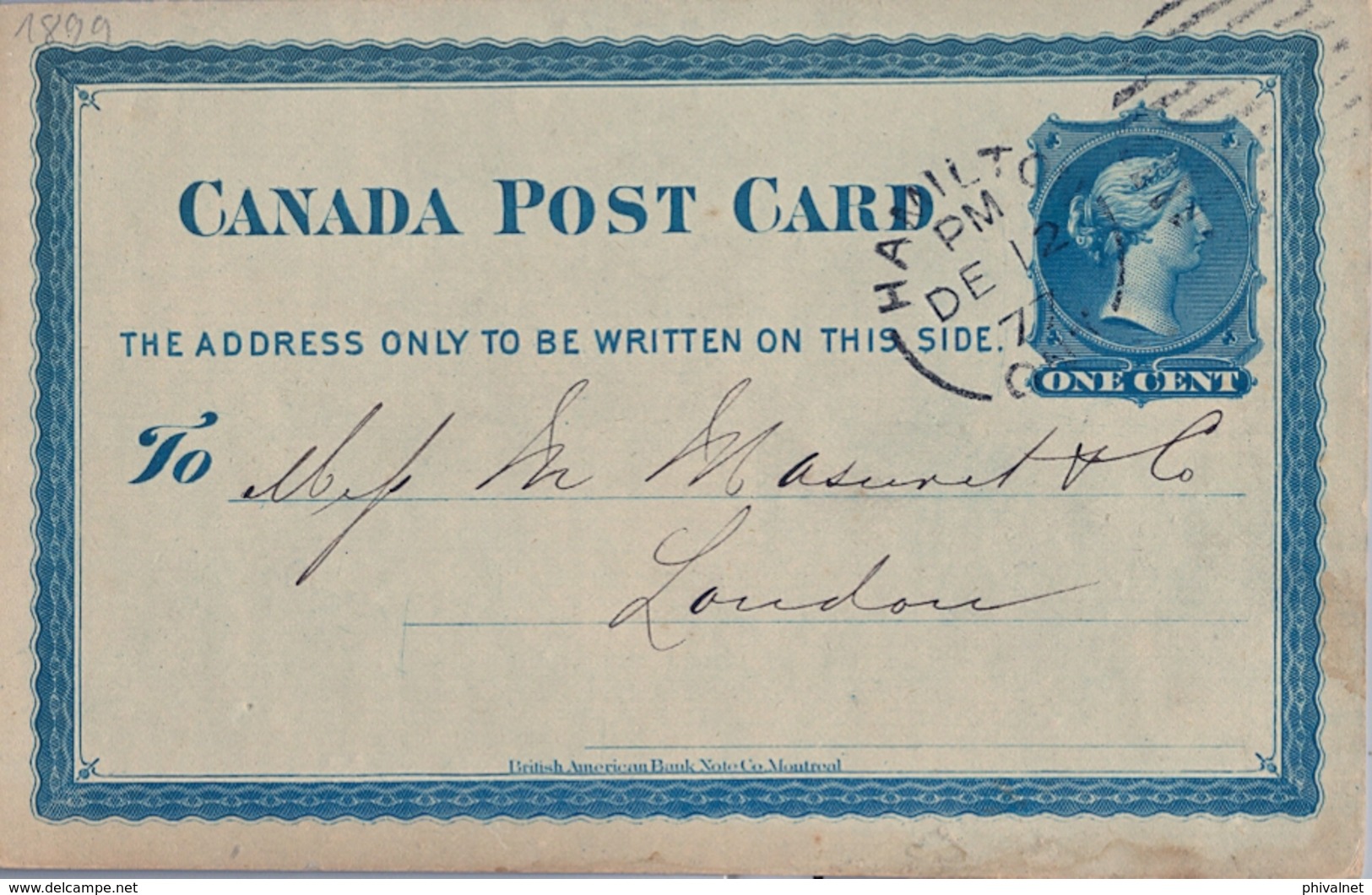 1877 , CANADÁ , ENTERO POSTAL  CIRCULADO , HAMILTON - LONDRES , LLEGADA AL DORSO - 1860-1899 Victoria