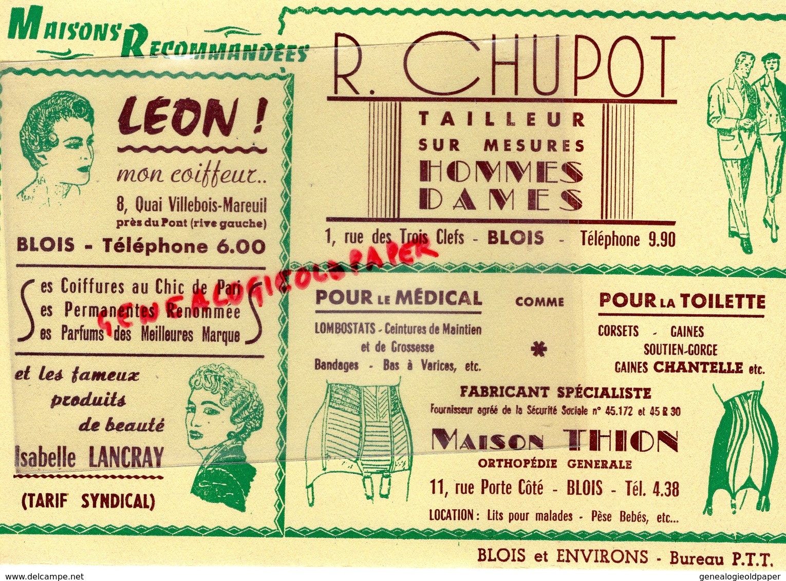 41- BLOIS-RARE BUVARD R.CHUPOT TAILLEUR-1 RUE TROIS CLEFS-MAISON THION ORTHOPEDIE RUE PORTE COTE-LEON COIFFEUR LANCRAY - Kleidung & Textil