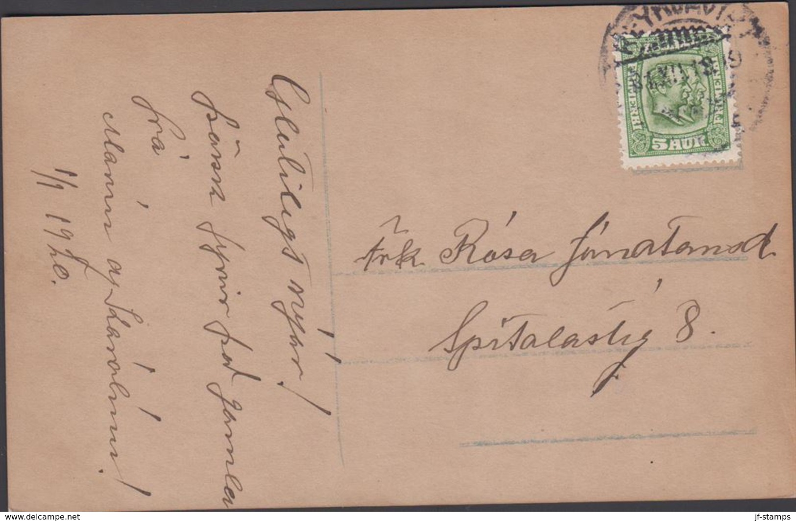 1915. Two Kings. 5 Aur Green. Perf. 14x14½, Wm. Cross. REYKJAVIK 31. XII 1919. Postca... (Michel 79) - JF310128 - Brieven En Documenten