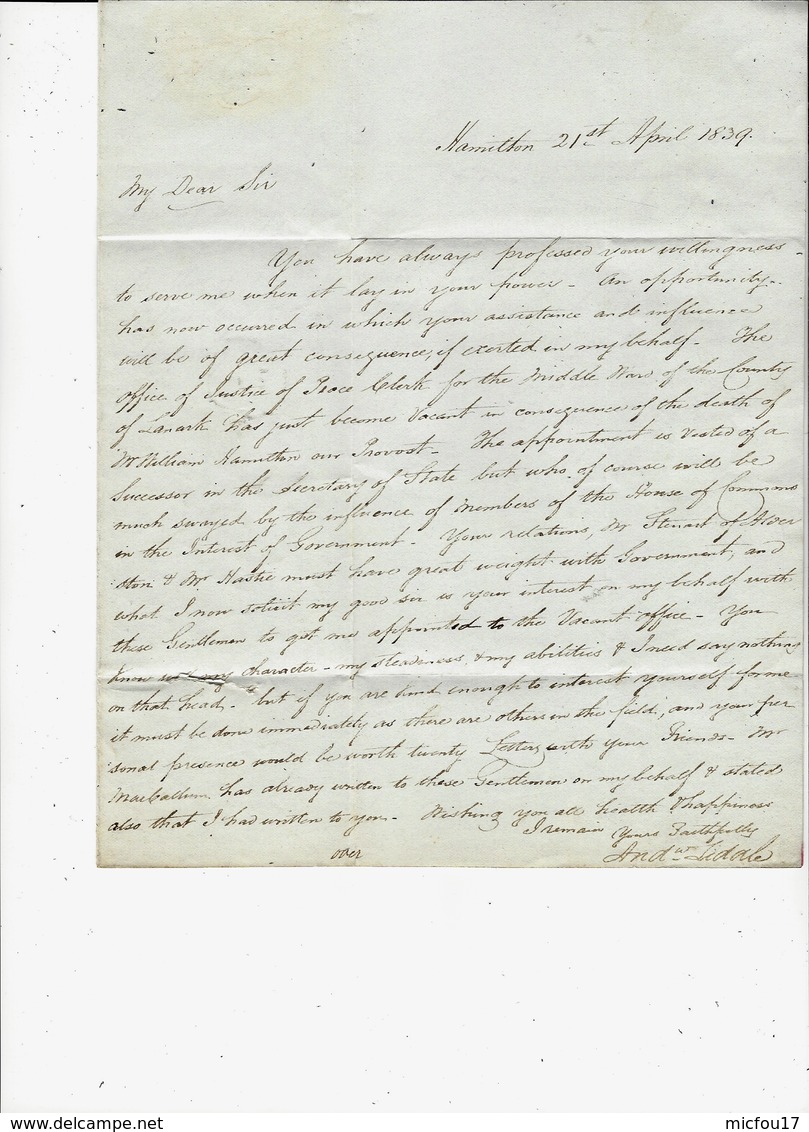 1839 - Letter From HAMILTON ( Scotland ) To Boulogne Sur Mer  - Last Year Of The 1 / 2 Penny - ...-1840 Precursori