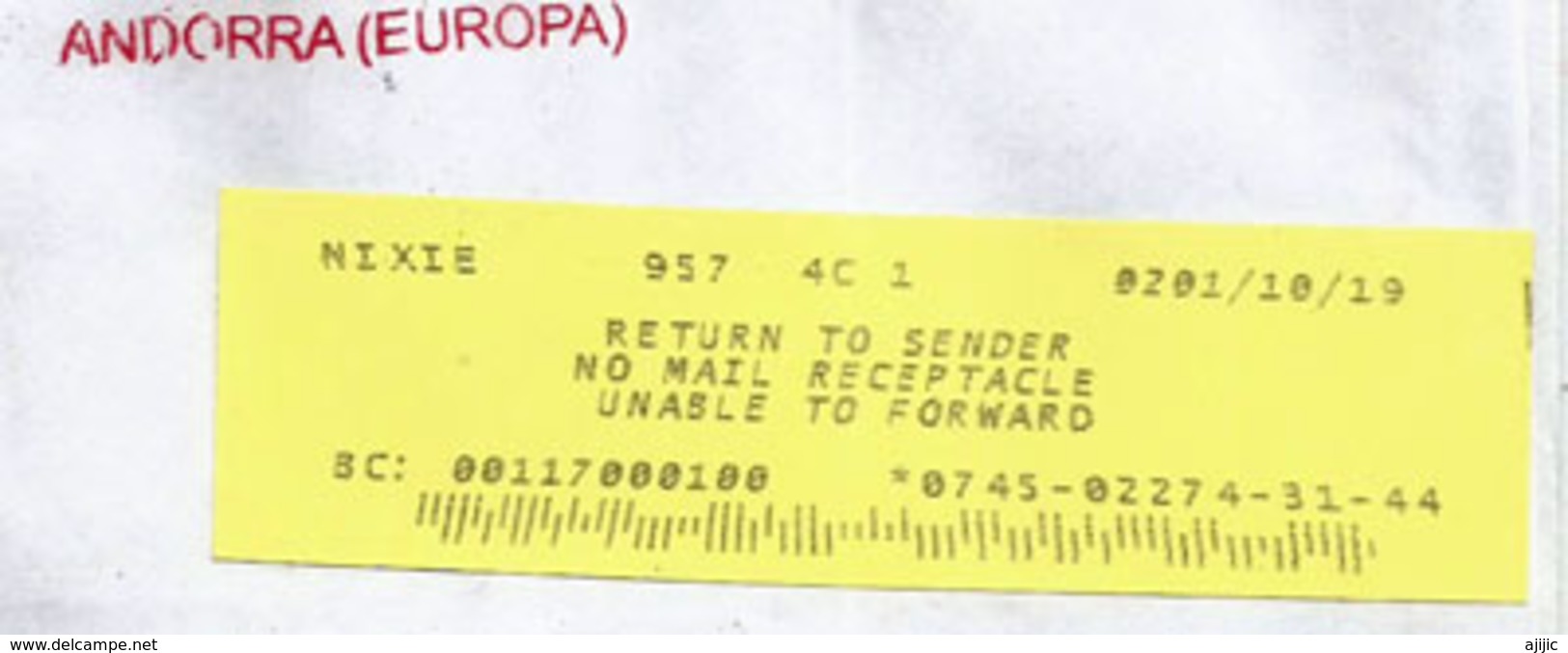 Lettre Andorra Adressée Aux Etats-Unis, Return To Sender. 2018. (timbre Champignon  Morille) 2 Photos - Lettres & Documents