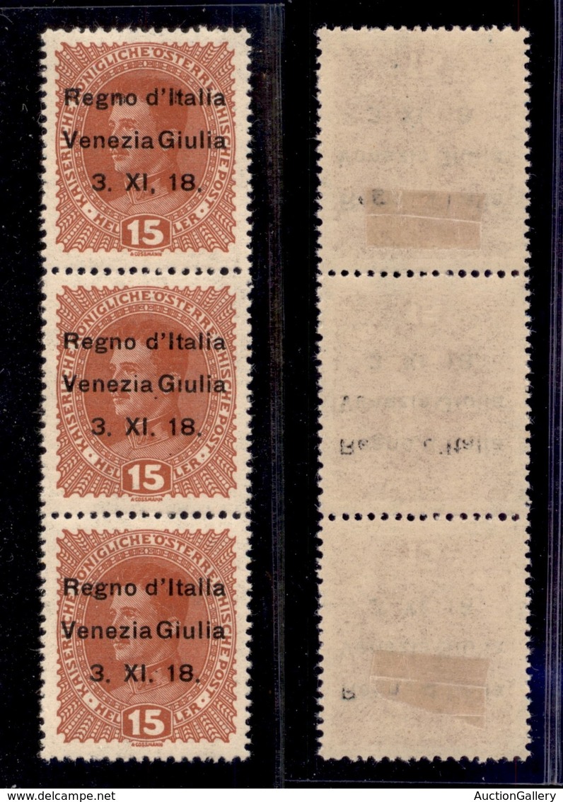 OCCUPAZIONI - VENEZIA GIULIA - 1918 - 15 Heller (6 Varietà + 6l + 6m) - Striscia Verticale Di 3 Con Errori (virgola Dopo - Autres & Non Classés