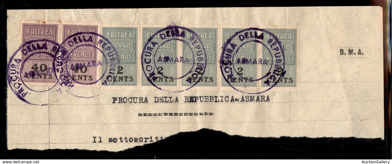 COLONIE - BMA ERITREA - BMA (Eritrea) - Marche Da Bollo Usate Su Frammento Di Documento - Other & Unclassified