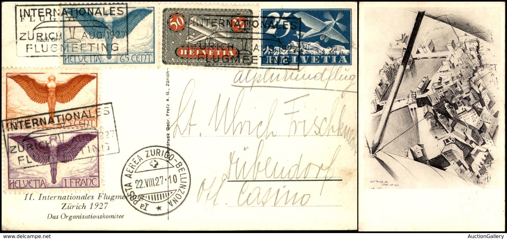 POSTA AEREA - AEROGRAMMI - PRIMI VOLI - SVIZZERA - 1927 (22 Agosto) - Zurigo Bellinzona - Cartolina Postale Con Affranca - Autres & Non Classés