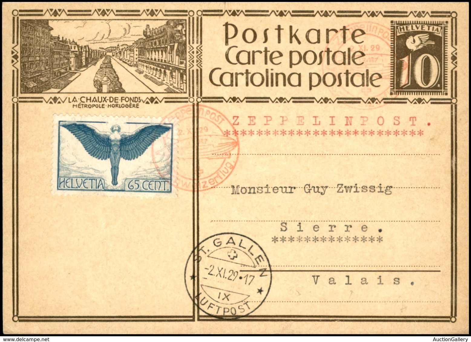 POSTA AEREA - AEROGRAMMI - PRIMI VOLI - SVIZZERA - 1929 (2 Novembre) - Zeppelinpost Schweizerflug - Aerogramma Da St. Ga - Autres & Non Classés