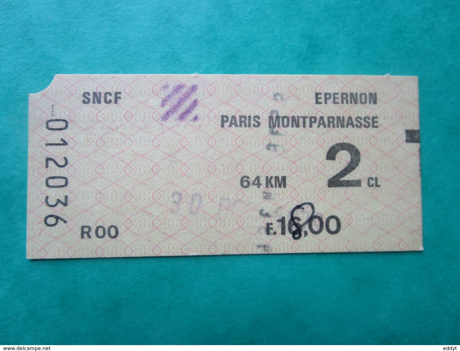 TICKET  SNCF RATP RER Métro -  PARIS Montparmasse - EPERNON - 2 Classe TBE - Mondo