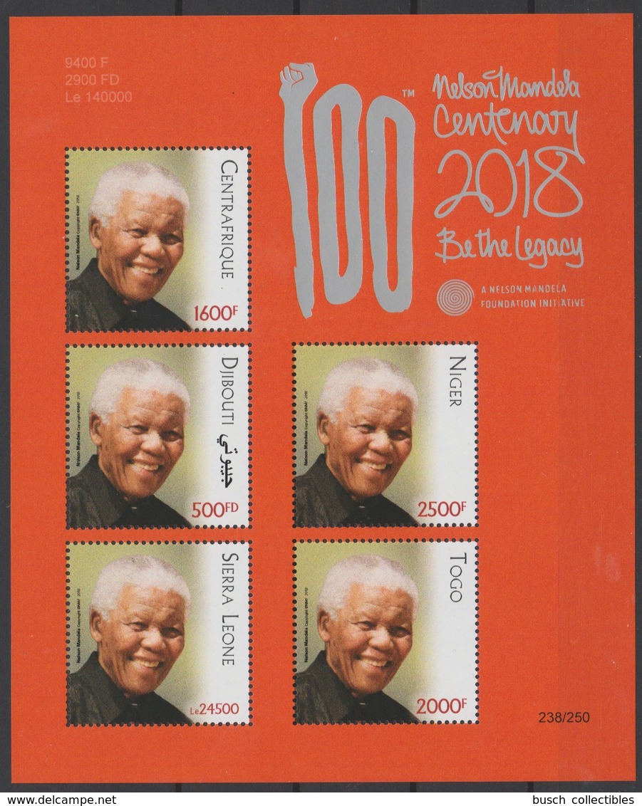 Siamese Joint Issue 2018 PAN African Postal Union Nelson Mandela Madiba 100 Years Djibouti Togo Sierra Leone Niger Red - Gemeinschaftsausgaben