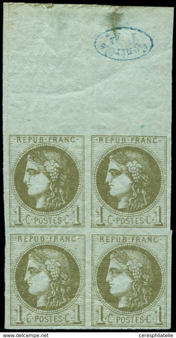 ** EMISSION DE BORDEAUX - 39C   1c. Olive, R III, BLOC De 4 Bdf Avec Contrôle TP, 2 Ex. Pli De Gomme, Sinon TB - 1870 Bordeaux Printing