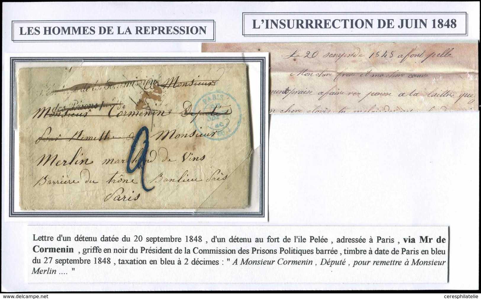 Let LETTRES SANS TIMBRE ET DOCUMENTS DIVERS - Càd Bleu T15 PARIS 20/9/48 S. LAC D'un Détenu Au Fort De L'Ile Pelée Adres - Autres & Non Classés