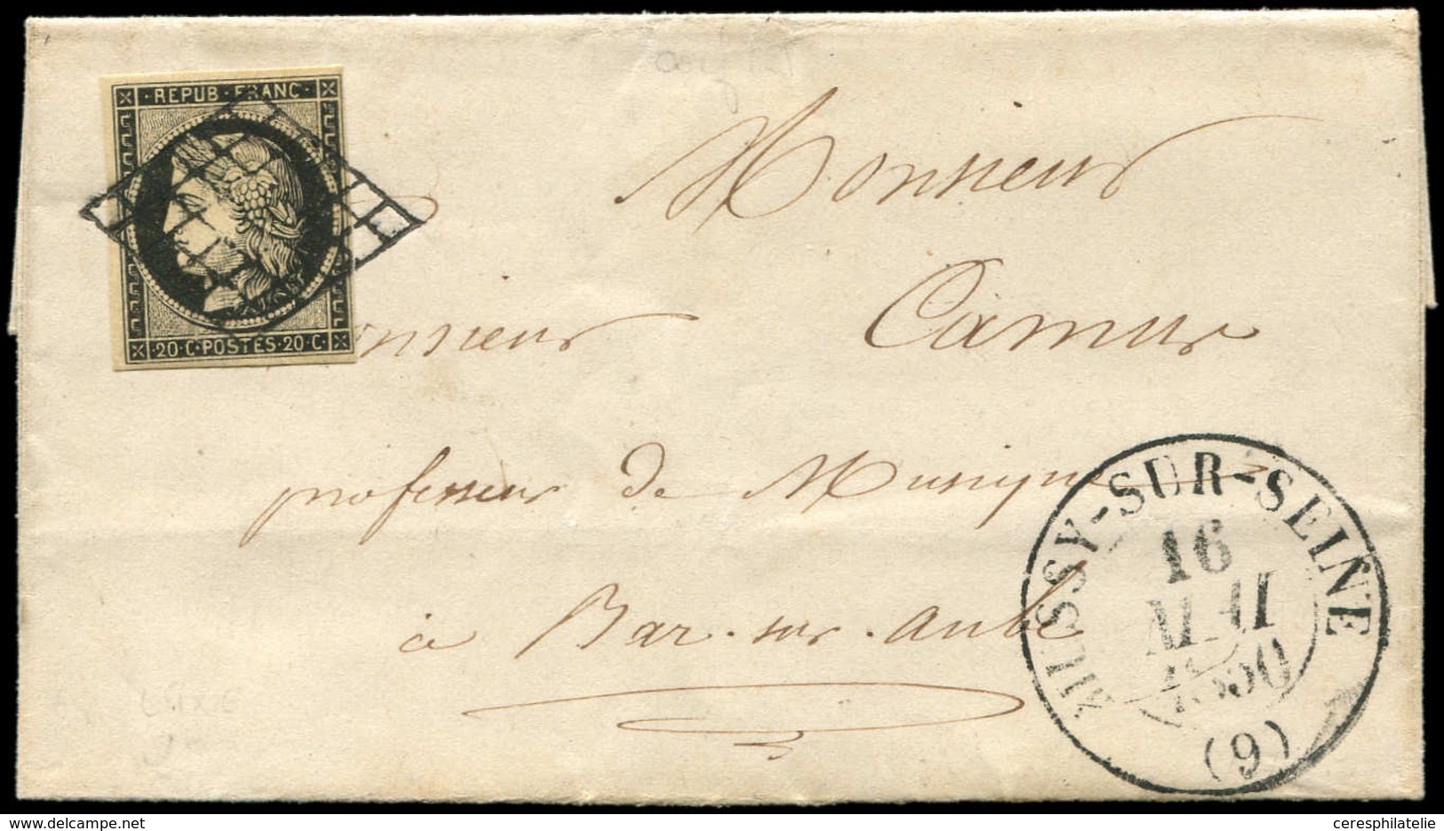 Let OBLITERATIONS PAR DEPARTEMENTS - 9/AUBE N°3 Obl. GRILLE S. LSC, Càd T13 MUSSY-SUR-SEINE 16/5/50, TTB/Superbe - 1849-1876: Periodo Clásico