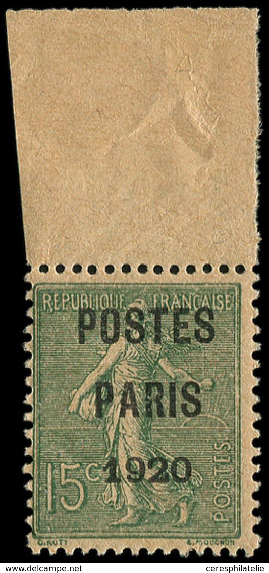 ** PREOBLITERES - 25  15c. Vert-olive, POSTES PARIS 1920, Bdf, TB. C - 1893-1947