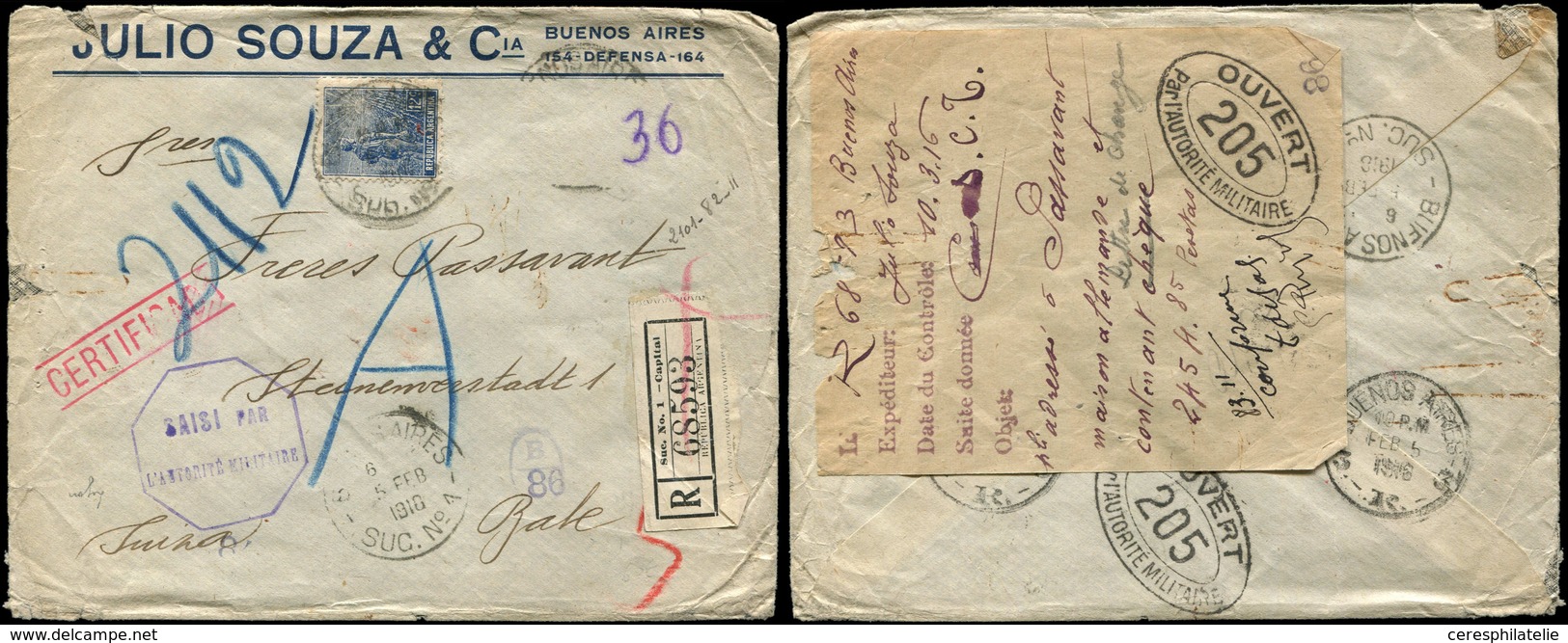 Let Guerre 1914/1918 - Lettre Rec. D'Argentine (timbres Décollés Par La Censure), Cachet "SAISI PAR L'AUTORITE MILITAIRE - Guerre De 1914-18