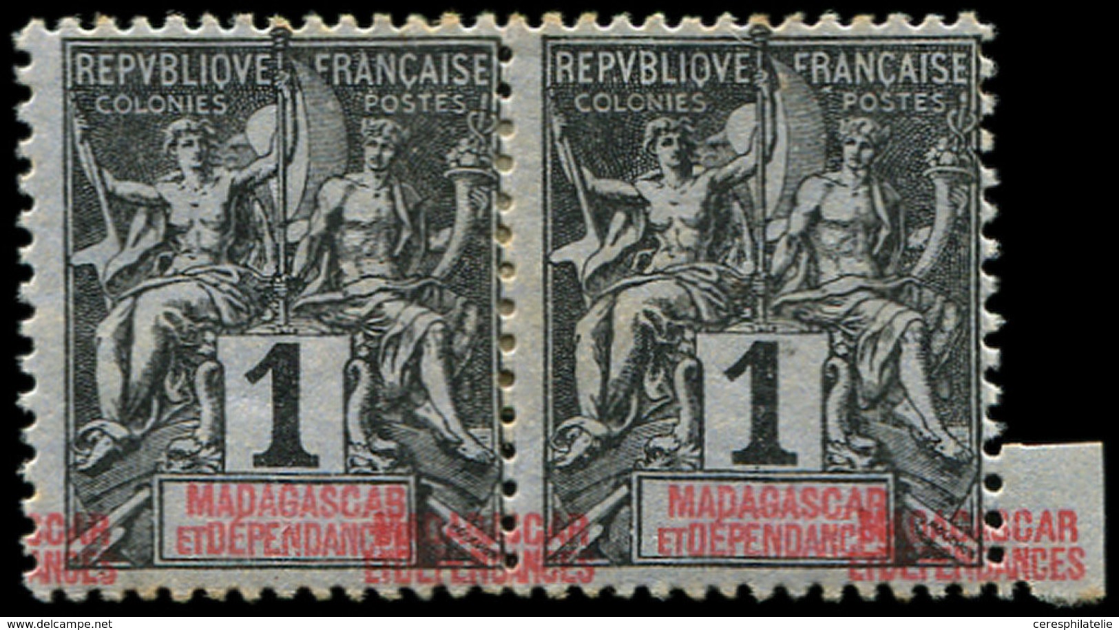 * MADAGASCAR 28a : 1c. Noir Sur Azuré, Légende DOUBLE Et A CHEVAL, En PAIRE, Rouss., Sinon R Et TB. C - Other & Unclassified