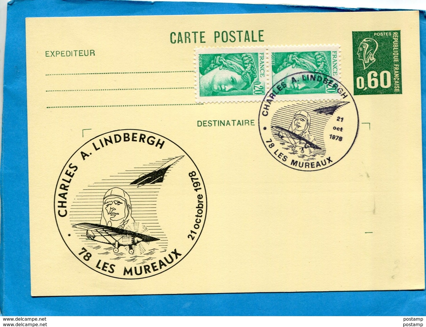 Entier Postal- Stationnery-carte 0.60fr Becquet-Repiq Illustré "CH LINDBERG"+  Cad Concorde-oct 78 -les Mureaux - AK Mit Aufdruck (vor 1995)