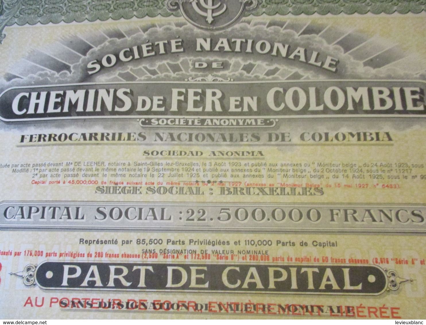 Part De Capital Au Porteur De 50 Francs Entièrement Libérée/Société Nationale De Chemins De Fer En COLOMBIE/1924  ACT171 - Railway & Tramway