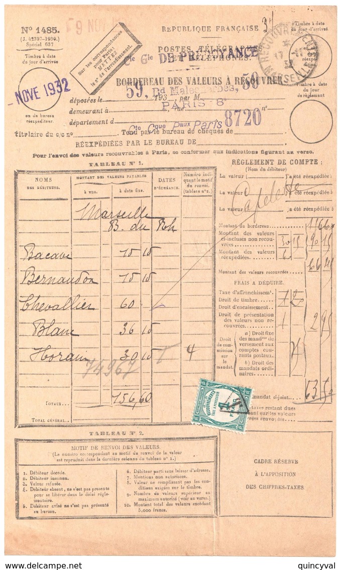 MARSEILLE Bordereau Valeur Recouvrée 1485  1F Vert Taxe à Percevoir N°60 Ob T PREOBLITERE TRIANGLE Formule Entière - 1859-1959 Brieven & Documenten