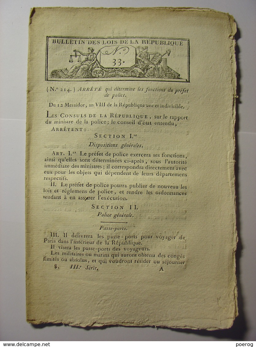 BULLETIN DES LOIS DE MESSIDOR AN XII (JUIN 1800) - FONCTIONS DU PREFET DE POLICE - EMIGRES CHOUANS - Wetten & Decreten