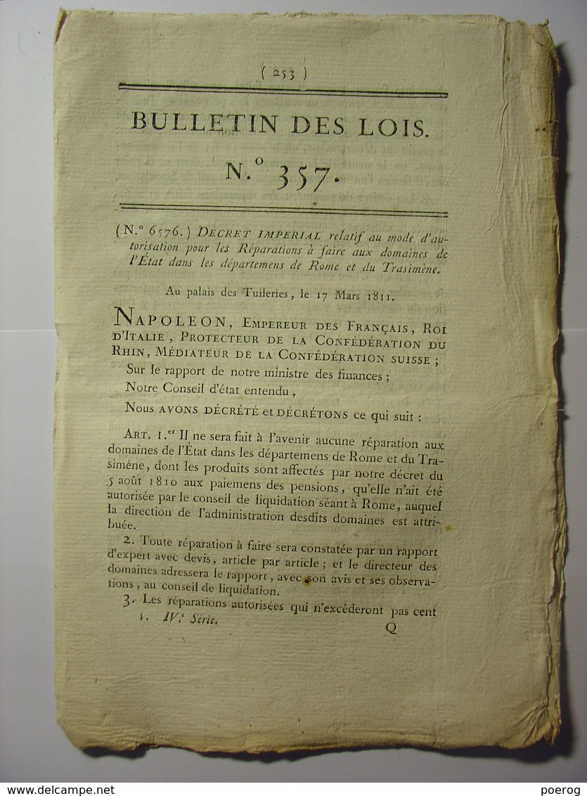 BULLETIN DES LOIS DE 1811 - REPARATIONS ROME TRASIMENE ITALIE - UNIFORMES DOUANES - SEPULTURES CARDINAUX - MER LIGURIE - Wetten & Decreten