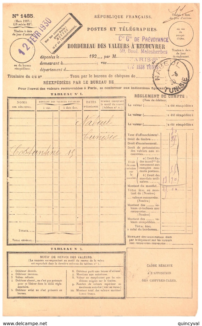 NABEUL Tunisie 1930 Bordereau Valeur Recouvrée 1485 ENTIEREMENT Recouvré Donc Sans Timbre Taxe - Sonstige & Ohne Zuordnung