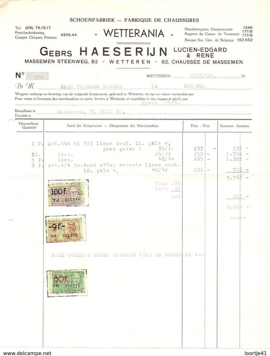 Factuur Facture - Schoenen - Schoenfabriek Wetterania - Gebrs Haeserijn - Wetteren 1960 - Vestiario & Tessile