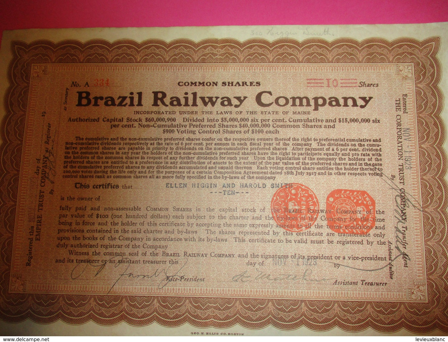 Common Shares/ Brazil Railway Company/ Empire Trust Company/State Of Maine / USA/ 1928                ACT179 - Railway & Tramway