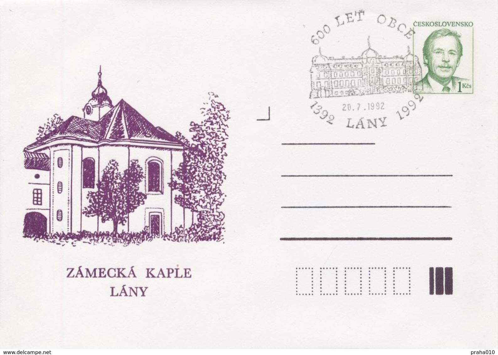 J0859 - Tchécoslovaquie (1992) Entires Postaux / Président V. Havel: Lany - Chapelle Du Château (600 Ans De Village) - Buste