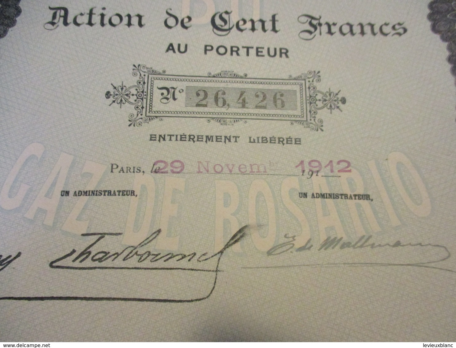 Action De 100 Francs Au Porteur Entièrement Libérée/Compagnie Du Gaz De Rosario/Paris/ARGENTINE/1912        ACT192 - Elektriciteit En Gas