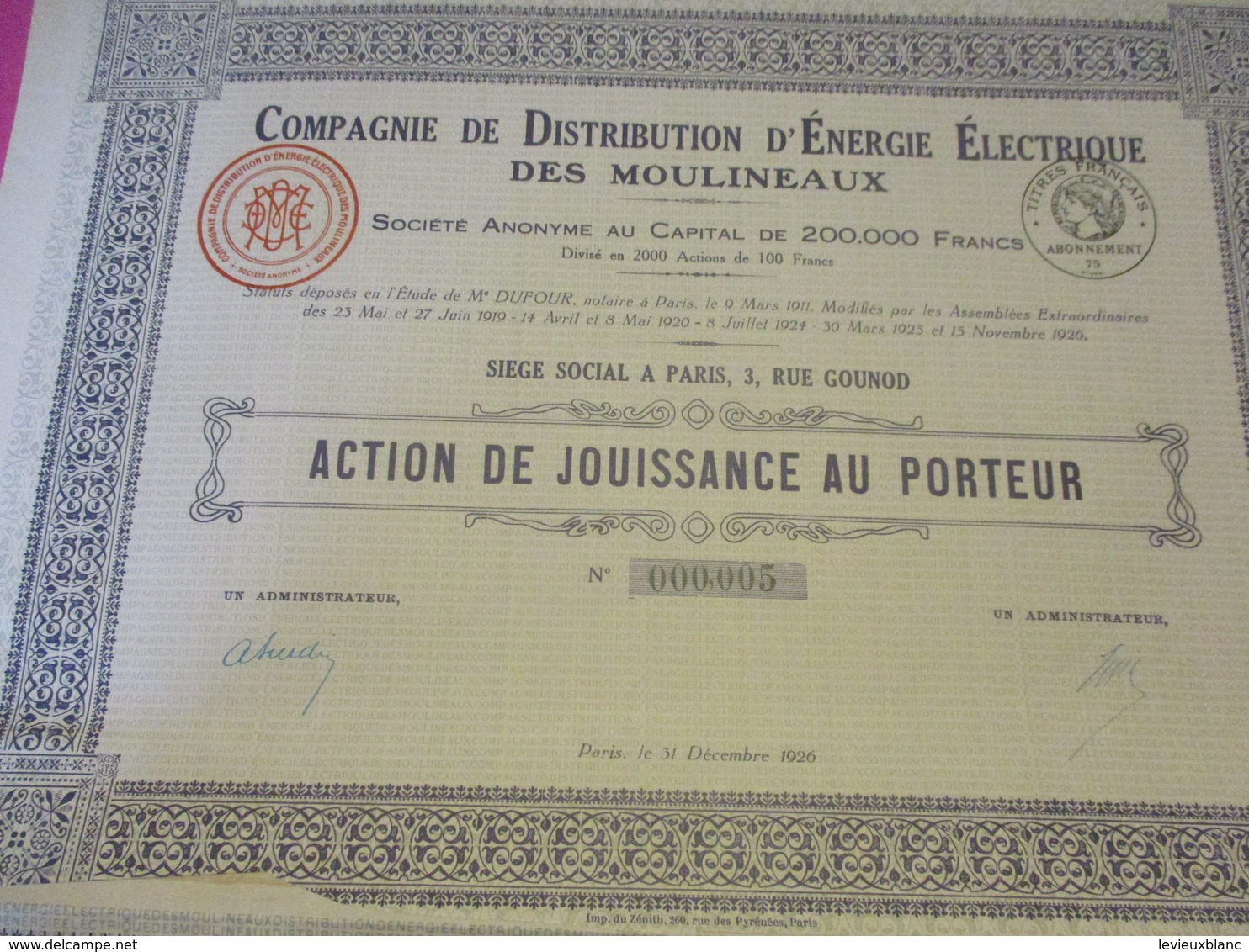 Action De Jouissance Au Porteur /Compagnie De Distribution D'Energie Electrique Des MOULINEAUX/Paris/1926       ACT202 - Elektriciteit En Gas
