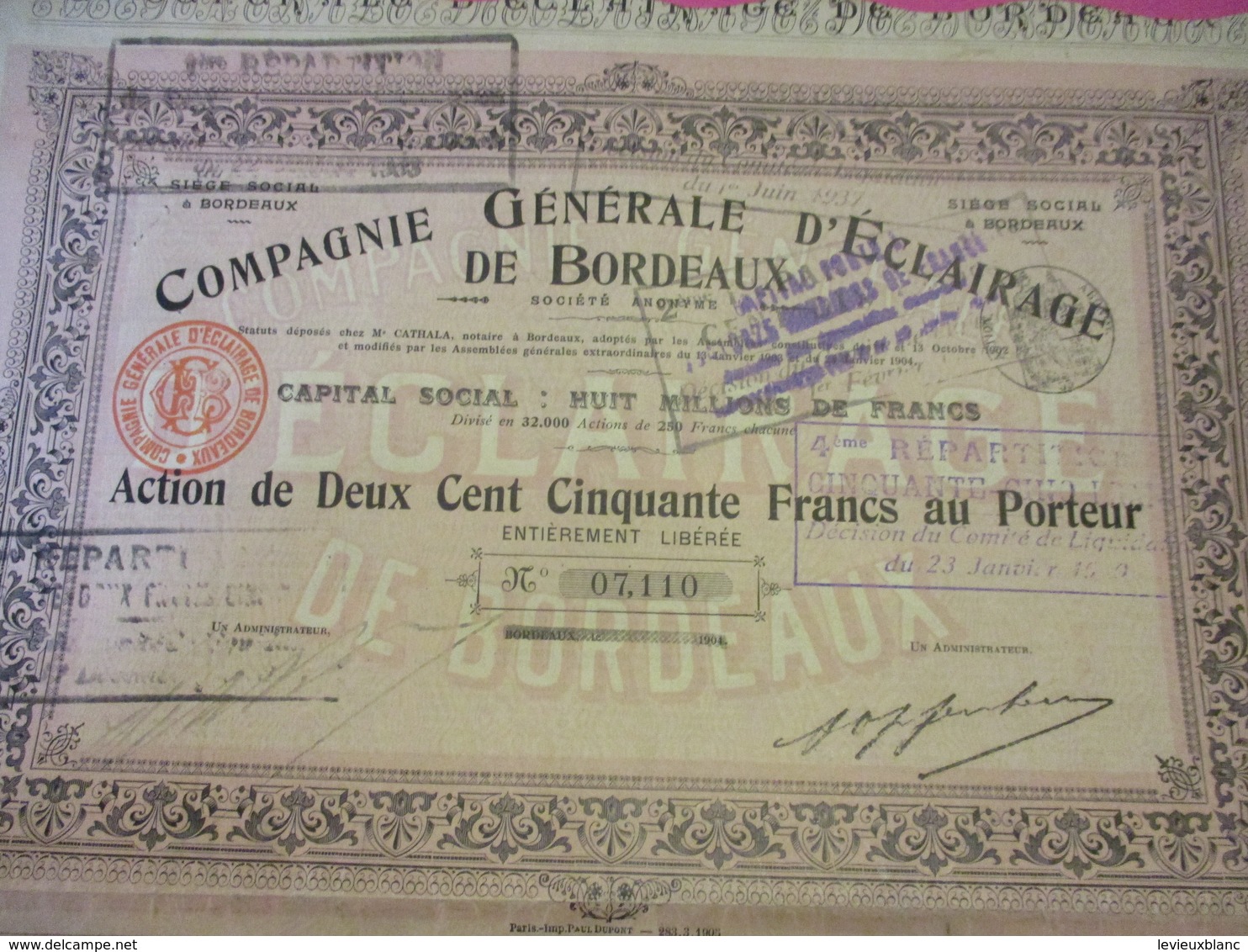 Action De 250 Francs  Au Porteur Entièrement Libérée /Compagnie Générale D'Eclairage De Bordeaux /BORDEAUX/1904   ACT232 - Elektriciteit En Gas