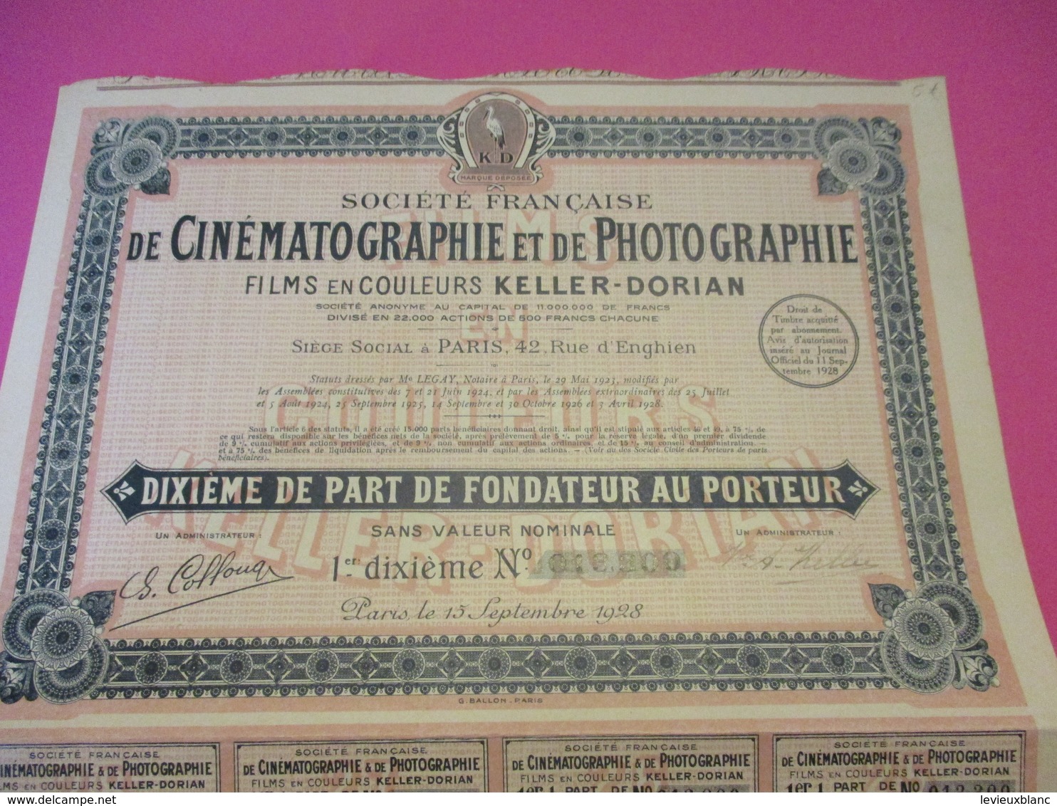 Dixième De Part De Fondateur Au Porteur/Société Française De Cinématographie Et De Photographie/Paris /1928       ACT197 - Film En Theater