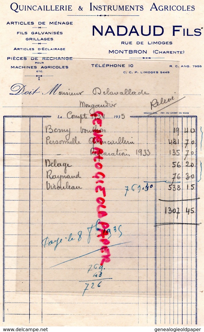 16- MONTBRON- FACTURE NADAUD FILS- QUINCAILLERIE INSTRUMENTS AGRICOLES- RUE DE LIMOGES- 1935 - Straßenhandel Und Kleingewerbe