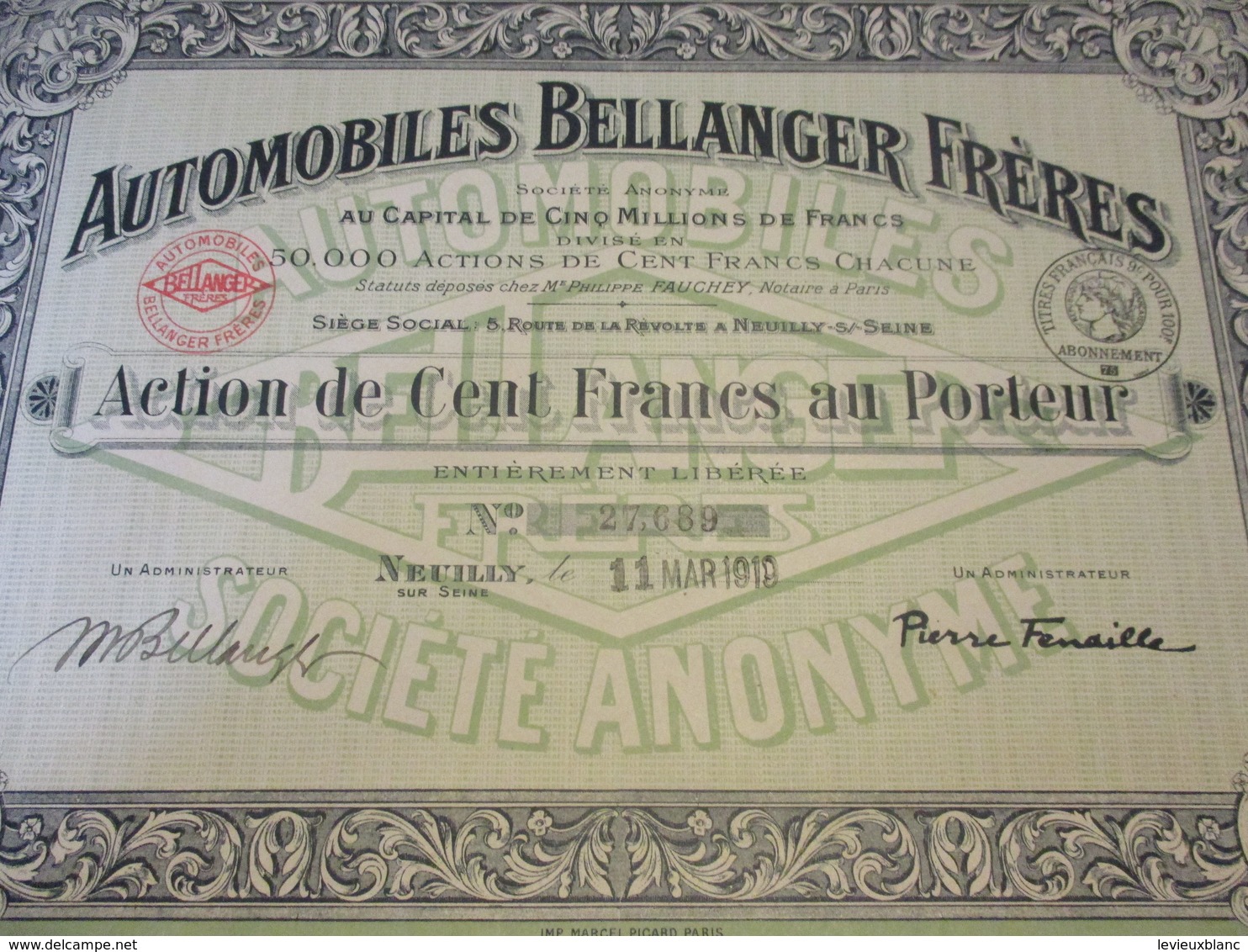 Action De 100 Francs Au Porteur Entièrement Libérée/Automobiles BELLANGER Fréres/NEUILLY S/Seine /1919   ACT201 - Auto's
