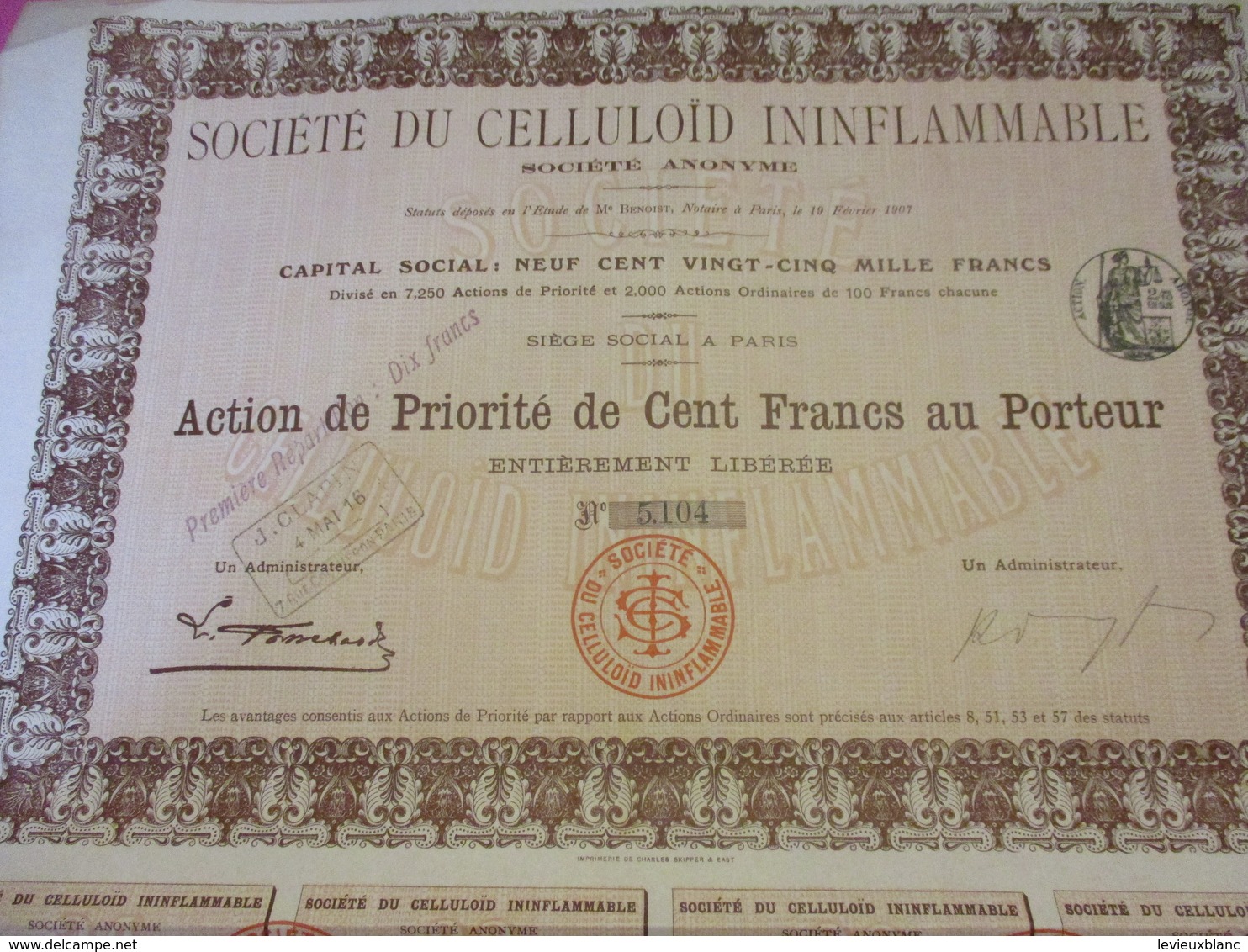 Action De Priorité De 100 Francs Au Porteur Entièrement Libérée/Société Du Celluloïd Ininflammable/Paris /1923    ACT225 - Industry