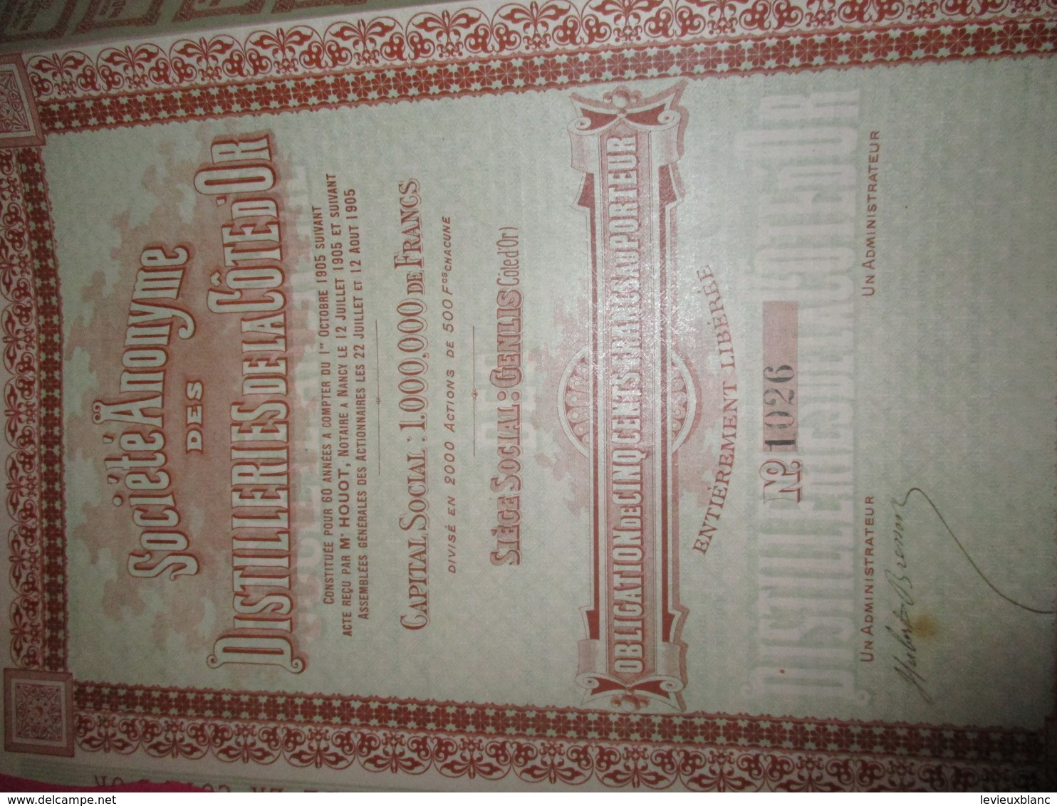 Obligation De 500 Francs Au Porteur Entièrement Libérée/Sté An. Des Distilleries De La Côte D'Or /GENLIS /1905    ACT233 - Industry