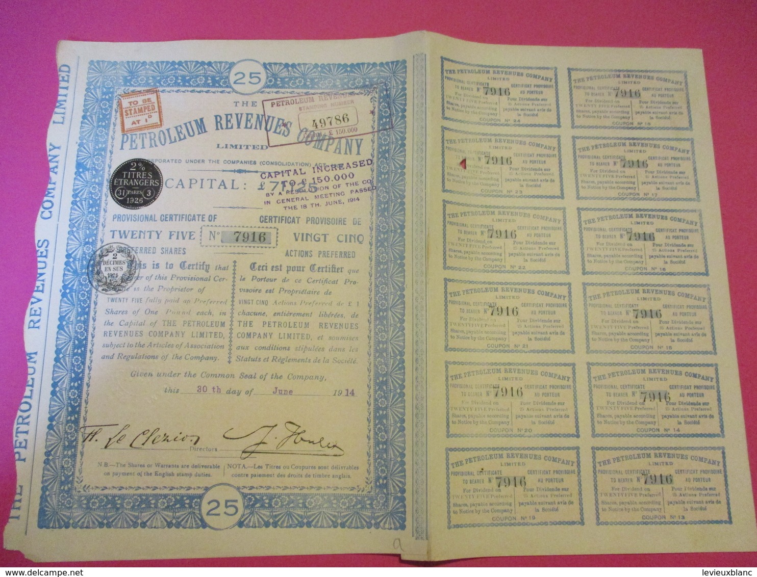 Certificat Provisoire De 25 Actions Preferred / Petroleum Revenues  Company/1914   ACT227 - Oil